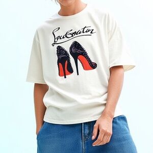 Designer White Tee with Red and Black Heels Graphic
